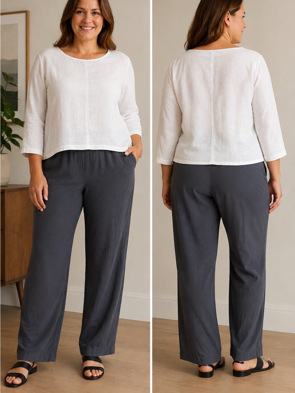 Eileen Fisher Gray Straight‑Leg Pants SZ Large Minimalist Old Money Lux Viscose